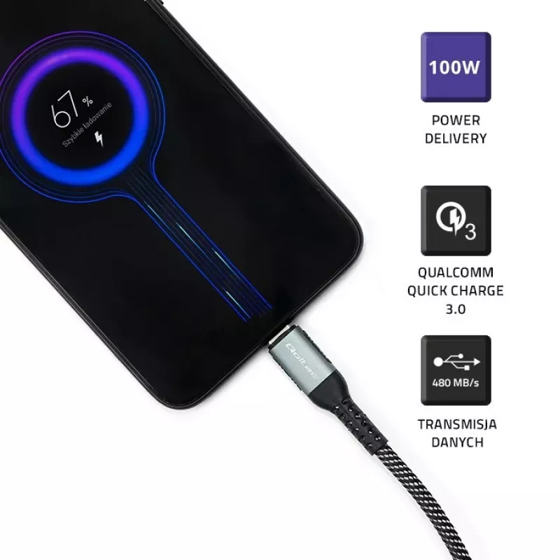 USB C laidas Qoltec 52358 1,5 m juodas USB 2.0 0,48 Gbit/s