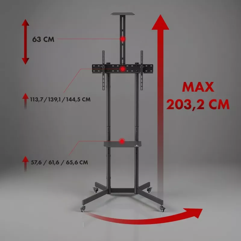 Maclean MC-113 B mobilus televizoriaus stovas / vežimėlis su lentyna kamerai, ratukais, 37-70 col., maks. apkrova 45 kg / 5 kg lentynai, VESA 600x400