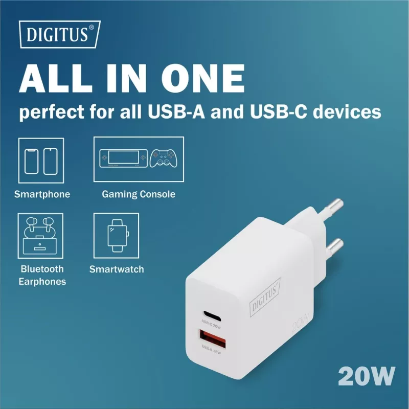 USB-C ir USB-A įkroviklis DIGITUS 20 W, 1x USB-C, 1x USB-A, 100–240 V, baltas