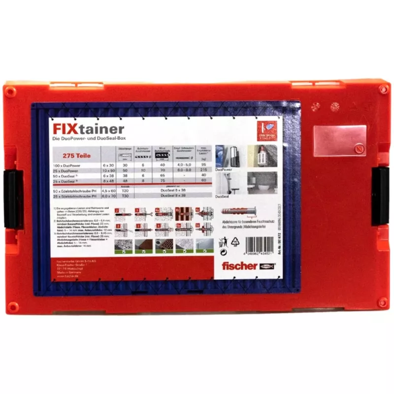 FixTainer - DUOPOWER & DUOSEAL + Varžtai, Sieninis Kaištis Šviesiai Pilka/Raudona, 275 vnt.