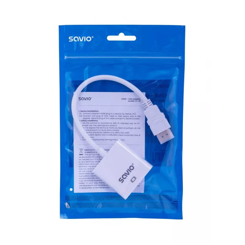 Savio CL-27B vaizdo kabelio adapteris 0,1 m HDMI A tipas (standartinis) VGA (D-Sub) Baltas
