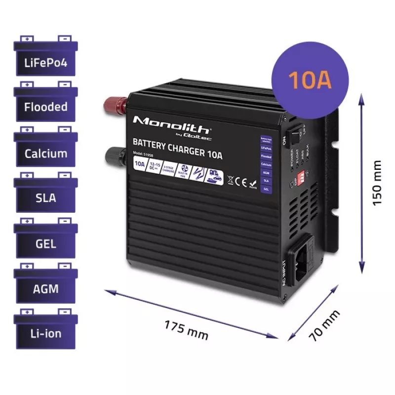 Qoltec Smart Monolith baterijų įkroviklis, skirtas LiFePO4 AGM GEL SLA baterijoms | 10A | 12V