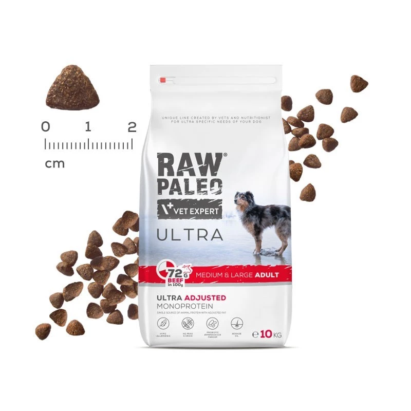 RAW PALEO Ultra Medium&Large Adult Beef - sausi šunų ėdalai - 10 kg