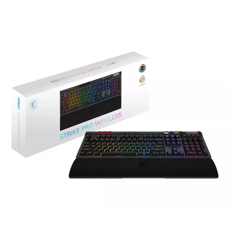Mechaninė žaidimų klaviatūra MSI Strike Pro W Silent US išdėstymas, RGB foninis apšvietimas, laidas, tylūs lytėjimo jungikliai