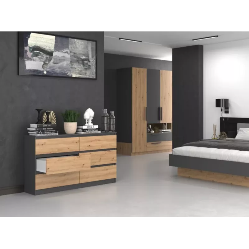 Komoda Top e Shop M6 140 ANT/ART, 6 stalčių, Antracitinis ąžuolas, 1380×750×400 mm