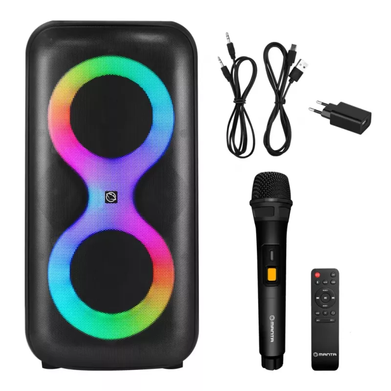Nešiojamas muzikos centras MANTA SPK0401B100 Bluetooth garsiakalbis, 100 W galia, FM radijas, karaokė, įmontuota baterija, X-BASS