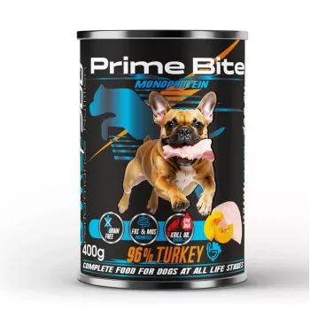 PRIME BITE Monoprotein Turkija su moliūgu – šlapi šunų ėdalas – 400g