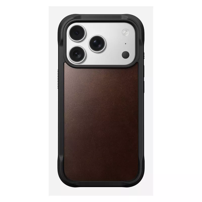 Mobilaus telefono dėklas Nomad Rugged Leather Case, skirtas iPhone 17 Pro, 6,3 colio (16 cm), ruda spalva, oda/TPU/aliuminis