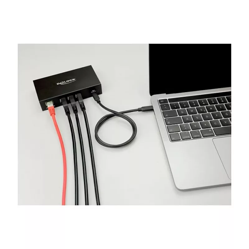 USB stotelė DELOCK 3 prievadai 5 Gbps su RJ45 Gigabit PoE++ ir USB Type-C jungtimi, metalinis korpusas, 1,5 kV izoliacija, juoda