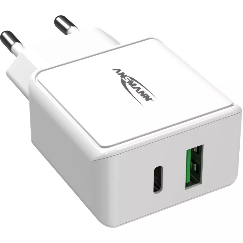 ANSMANN HC218PD - maitinimo blokas - 18 W - 3000 mA - PD, QC 3.0 - 2 išvesties prievadai (USB, USB-C) - baltas (1001-0111)