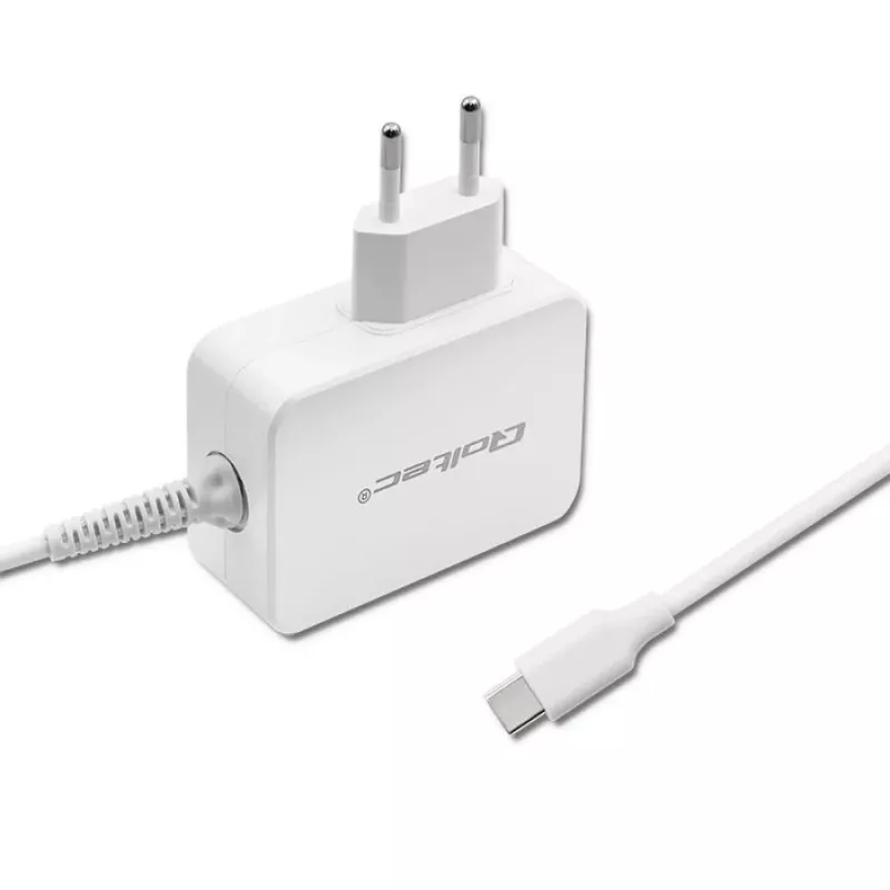 Qoltec 51039 65 W USB-C PD maitinimo adapteris, 5–20,3 V, 2–3,25 A, integruotas USB-C laidas, baltas