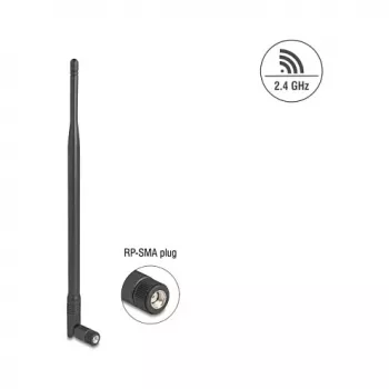 Omni kryptinė WiFi antena DELOCK 2,4 GHz RP‑SMA kištukas 7 dBi su pasukama jungtimi, juoda, 290 mm