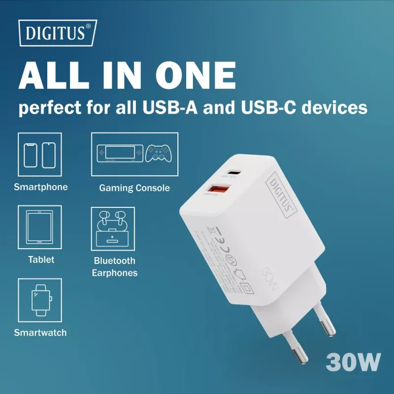 AC vidinis USB GaN įkroviklis DIGITUS DA-10301 — 30W, 1× USB-C, 1× USB-A, 100–240V, baltas