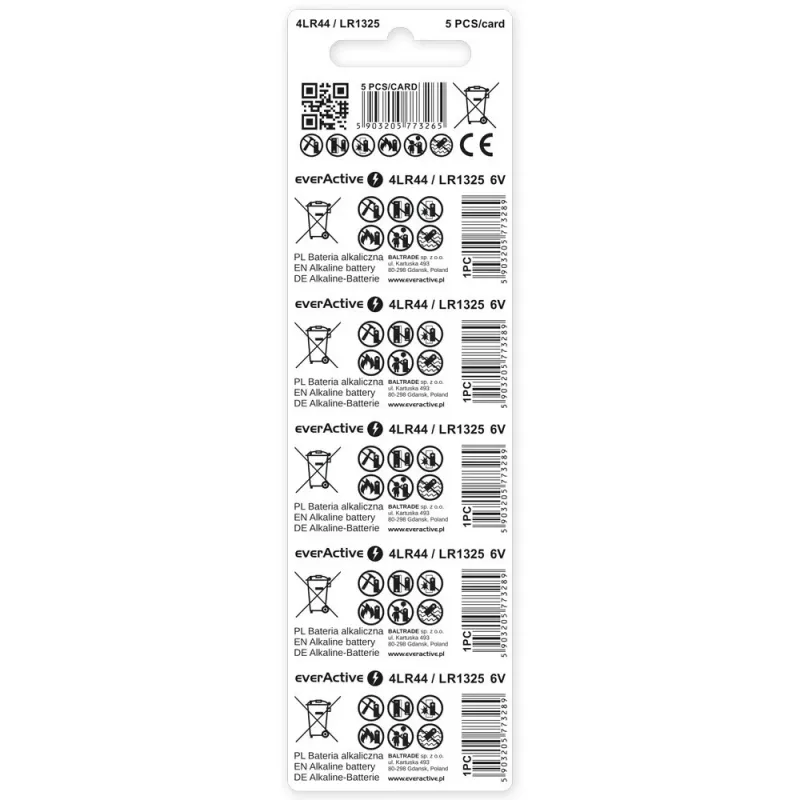 everActive 4LR44 6 V šarminė baterija, 5 vnt. (4LR44BL5)