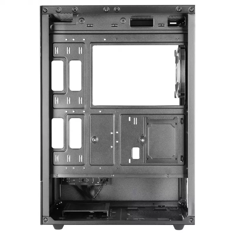 PC korpusas TACENS Mars Gaming MC-XO Midi Tower juodas — ATX/Micro-ATX/Mini-ITX, maitinimo blokas apačioje, 1×120 mm galinis ventiliatorius, palaiko iki 328 mm vaizdo plokštę