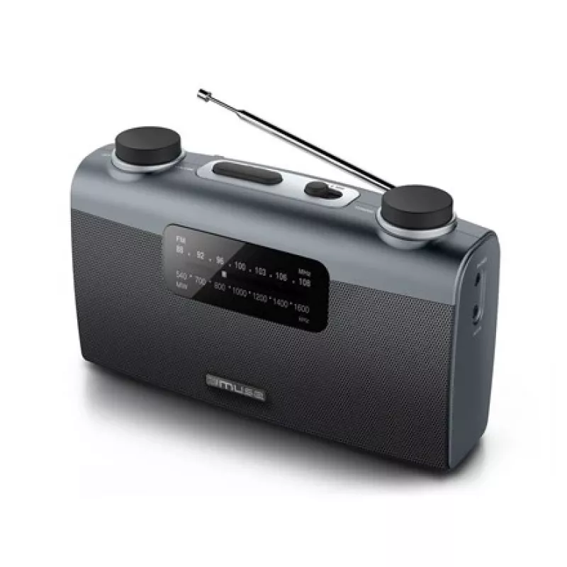 Nešiojamas radijo imtuvas Muse M-058 R – AM/FM, sukamas garsumo reguliatorius, baterija arba tinklas (230V, 50Hz), juodai pilkas