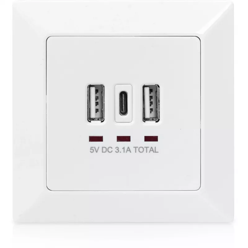 DIGITUS DA-70618 – įmontuojamas lizdas su 2 USB-A ir 1 USB-C jungtimis, 3.1 A, signalinė balta (RAL 9003)