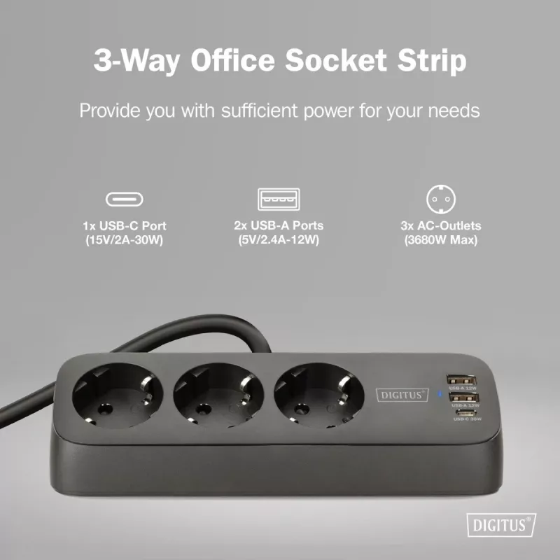 Maitinimo juosta DIGITUS 3 kištukiniai lizdai su 2×USB-A ir 1×USB-C, 1,5 m laidas, juoda