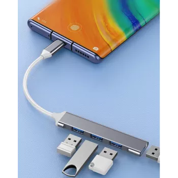 USB šakotuvas VAKOSS TC-4125X — 1× USB 3.0 Type-A, 3× USB 2.0 Type-A, jungtis: USB Type-C, sidabrinis