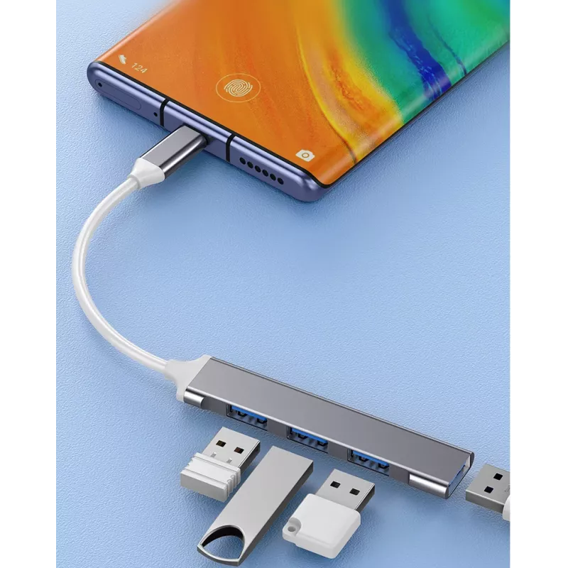 USB šakotuvas VAKOSS TC-4125X — 1× USB 3.0 Type-A, 3× USB 2.0 Type-A, jungtis: USB Type-C, sidabrinis