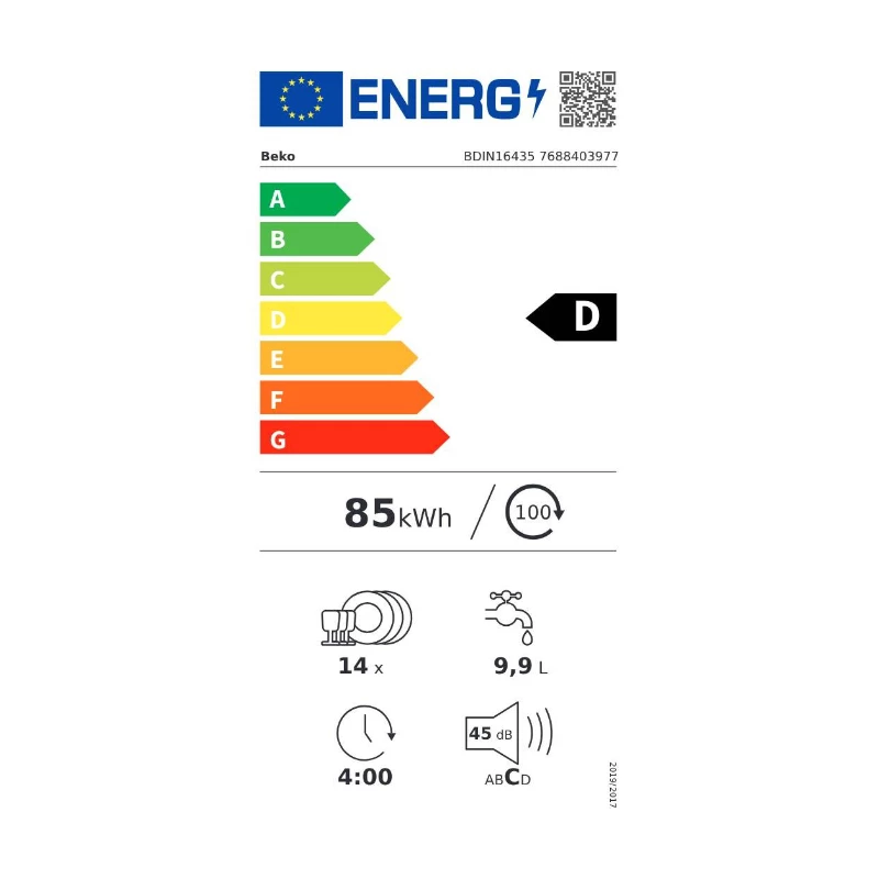 BEKO BDIN16435 įmontuojama indaplovė, energijos klasė D, SelfDry, LED taškinis apšvietimas