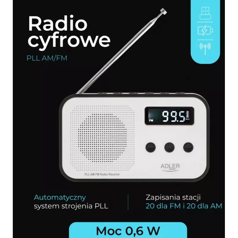 Nešiojamas skaitmeninis radijas Adler AD 1907 – AM/FM, skaitmeninis derintuvas, žadintuvas, USB-C, 600 mAh baterija, LCD, 20 stočių atmintis, teleskopinė antena