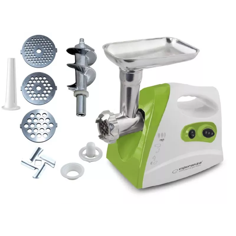 Mėsmalė ESPERANZA EKM012G — 600 W, nerūdijančio plieno peilis, dešrų antgalis, kebabo gaminimo priedas, atbulinė eiga, neslystančios kojelės, balta/žalia