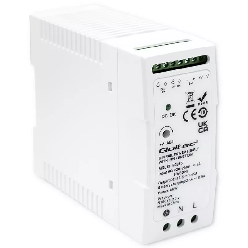 Qoltec 50885 Stabilus DIN bėgio maitinimo šaltinis su UPS funkcija | 40W