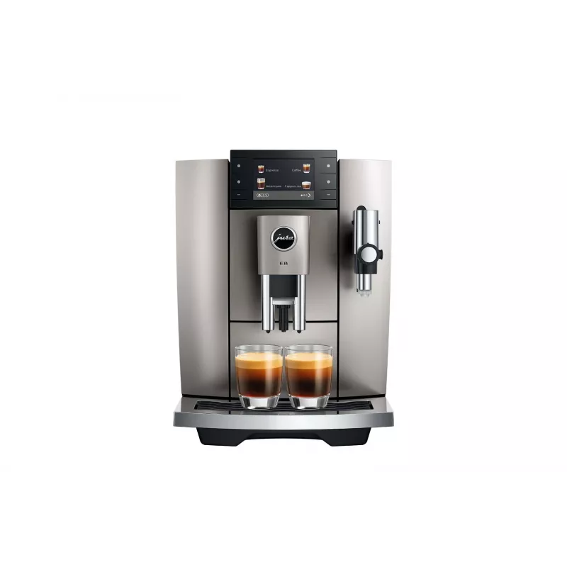 Kavos aparatas JURA E8 Automatinis 1.9 L Sidabrinis — 15 bar, 3,5 colio ekranas, malūnėlis, pieno putotojas