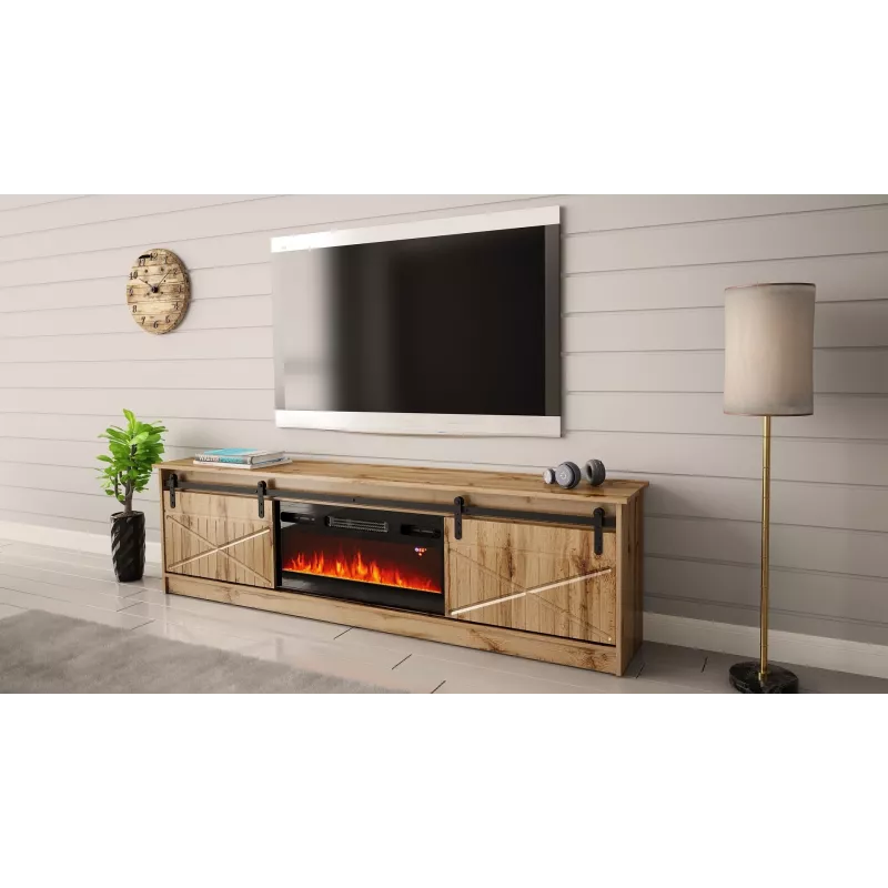 TV spintelė Cama Meble GRANERO su židinio moduliu, Wotan ąžuolas, 2000×350×567 mm, 2 durelės, 2 lentynos