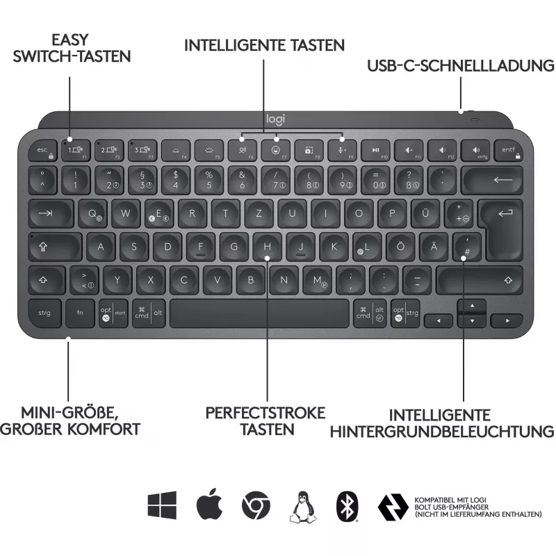 LOGITECH MX Keys Mini belaidė apšviesta klaviatūra grafito spalvos - UK tarptautinis