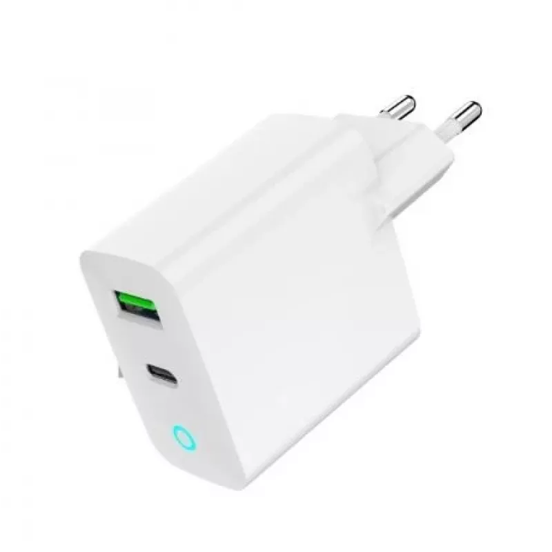 Sieninis įkroviklis GEMBIRD, Universalus, 1× USB Type-C 20W, 1× USB-A 3.0 QC 18W, LED indikatorius, Baltas