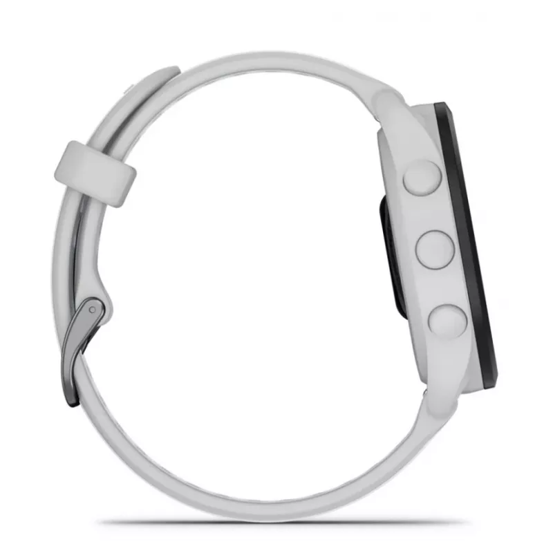 Išmanusis laikrodis GARMIN Forerunner 165 – GPS, AMOLED 1,2 colio, 4 GB, 5 ATM, 11 dienų baterija, pilkas korpusas, baltas dirželis