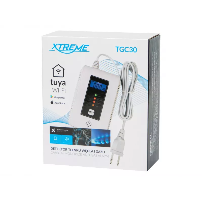 Anglies monoksido ir dujų detektorius BLOW TGC30 WiFi Tuya – LCD, 85 dB, laidinis, montuojamas ant paviršiaus, baltas