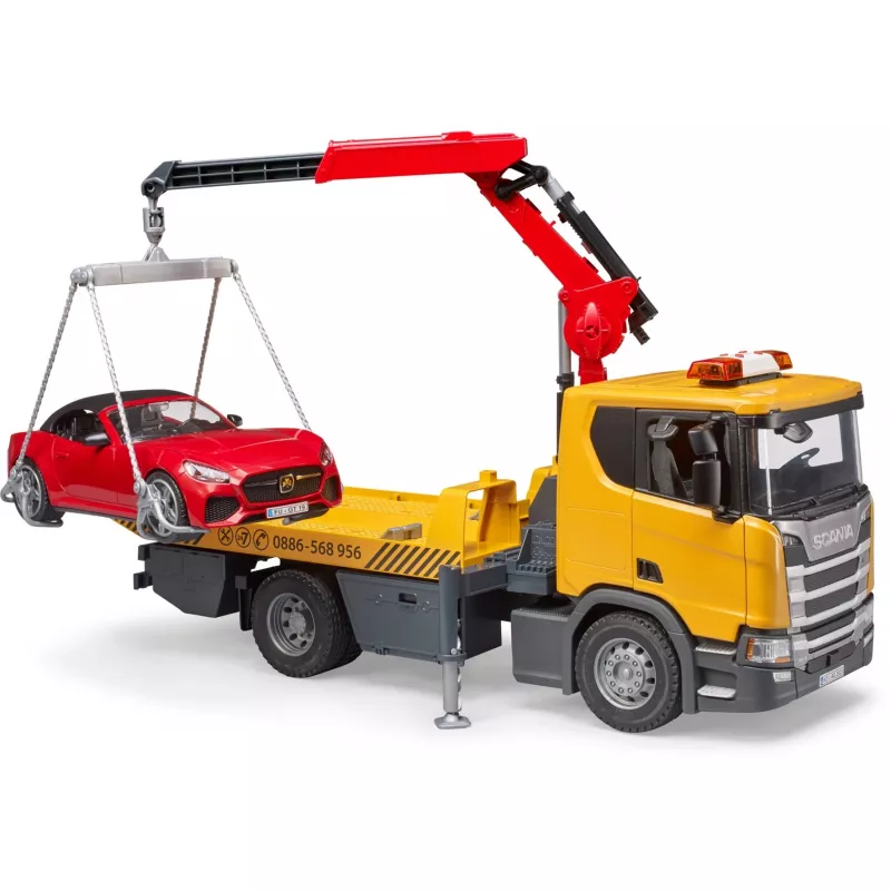 BRUDER Scania Super 560R pagalbos kelyje komplektas su vilkiku ir sportiniu automobiliu