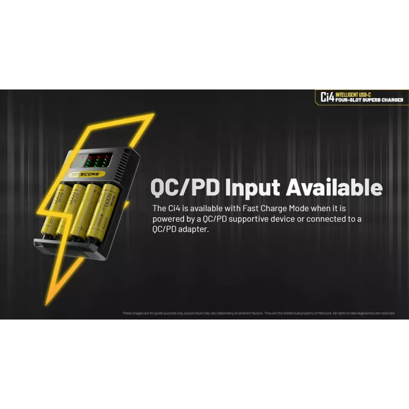 Nitecore Ci4 įkroviklis – universalus USB įkroviklis Li‑Ion, NiCd, NiMH baterijoms, 5/9/12V, 3A, plastikinis