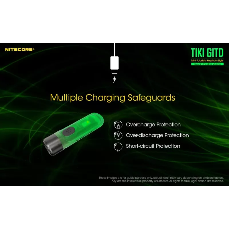 Raktų pakabuko žibintuvėlis Nitecore TIKI GITD Pilka – USB įkraunamas, 1 lm, 55 mm, 12 g, IP66