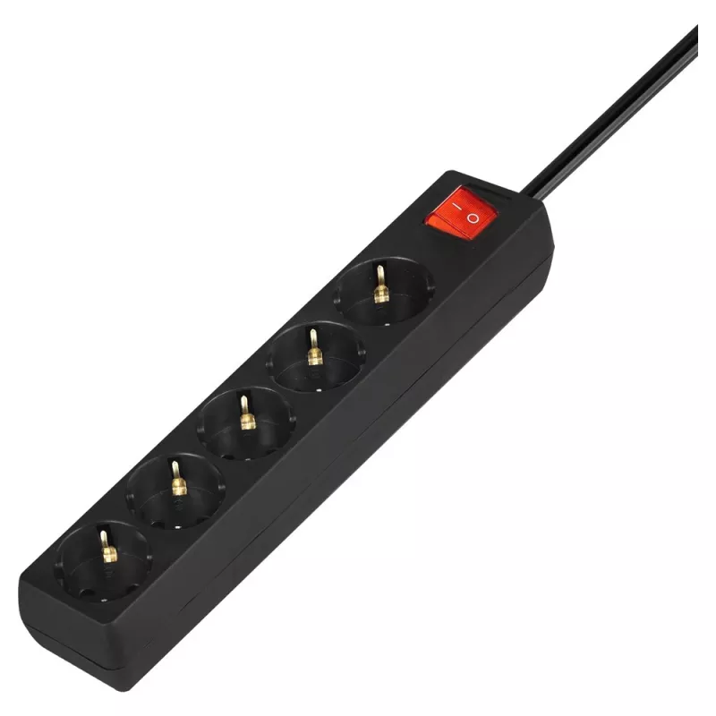 Maitinimo juosta SAVIO LZ-15 — 5 kištukinių lizdų, universalus kištukas, 5 m laidas, 2500 W, 10 A, juoda