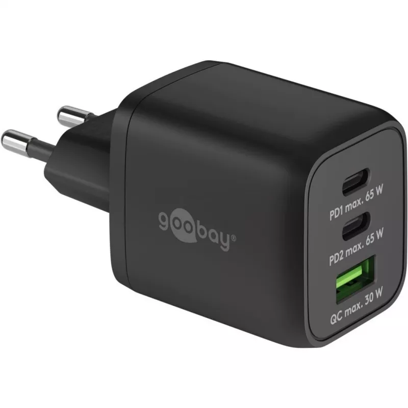 USB-C greitasis įkroviklis Nano, PD, GaN, 65 W, USB-C pintas laidas (juodas, 1x USB-A, 2x USB-C PD, Quick Charge 3.0, 1 m laidas)