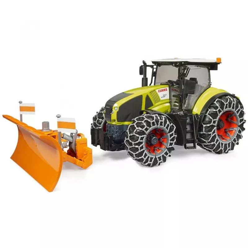 Žaislinis traktorius BRUDER Claas Axion 950 su sniego grandinėmis ir sniego stūmikliu, mastelio modelis