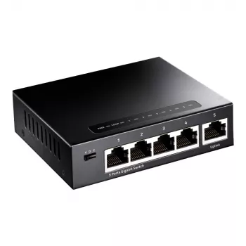 Tinklo jungiklis Cudy GS105 – 5 prievadų Gigabit Ethernet (10/100/1000), juodos spalvos, su 5 V DC maitinimo šaltiniu