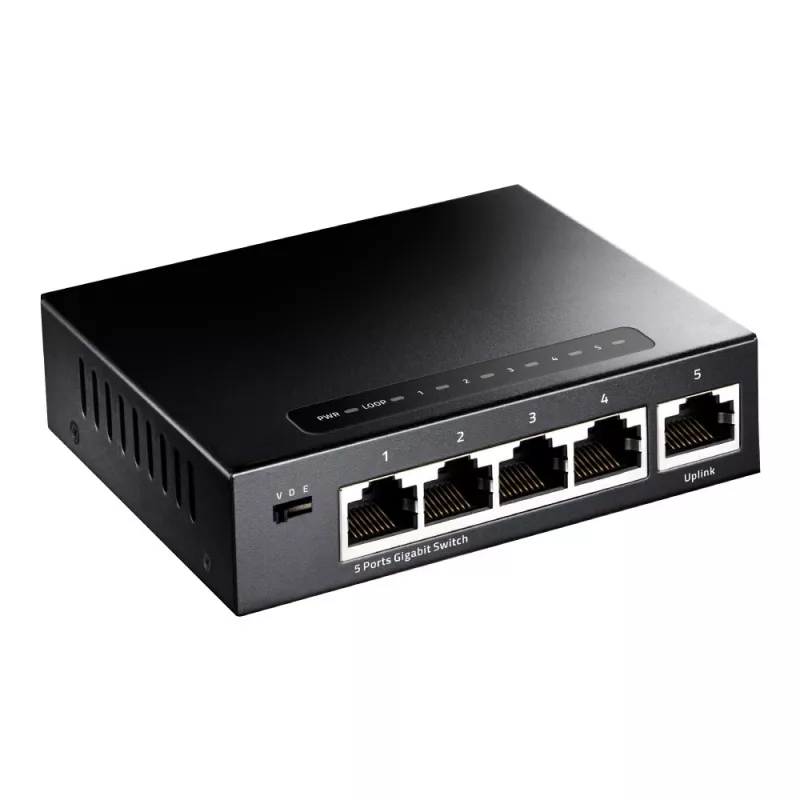 Tinklo jungiklis Cudy GS105 – 5 prievadų Gigabit Ethernet (10/100/1000), juodos spalvos, su 5 V DC maitinimo šaltiniu