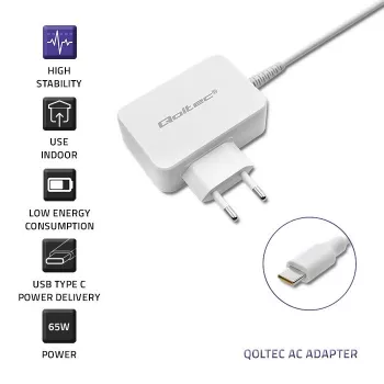Maitinimo adapteris QOLTEC 51039 65W AC-DC 220–240V 20,3V/3,25A Type C baltas, 1,7 m laidas