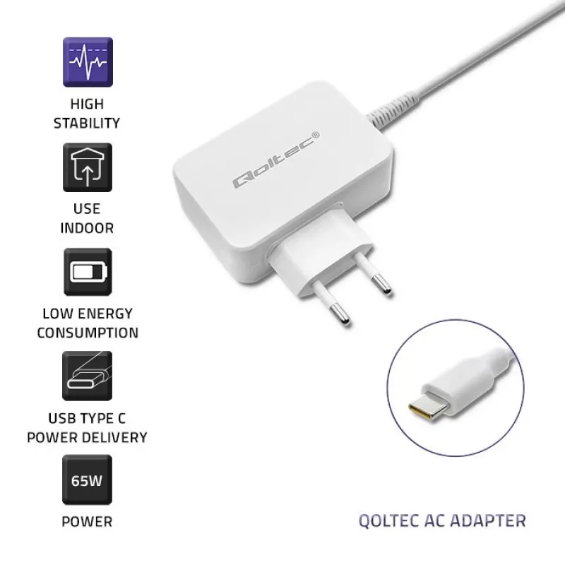 Qoltec 51039 65 W USB-C PD maitinimo adapteris, 5–20,3 V, 2–3,25 A, integruotas USB-C laidas, baltas