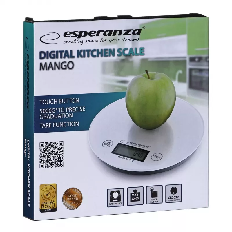 Virtuvinės svarstyklės ESPERANZA EKS003W, 5 kg, 1 g tikslumas, grūdintas stiklas, jutiklinis valdymas