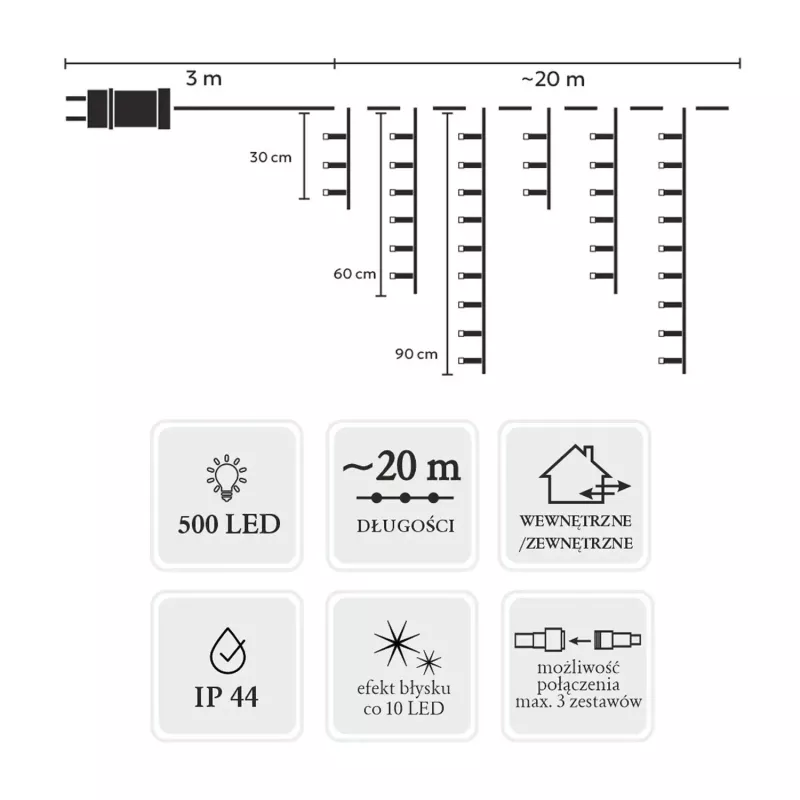 Extralink Icicle Curtain LED girlianda, 500 LED, šalta balta + šaltas blyksnis, ilgis 3 + 20 m