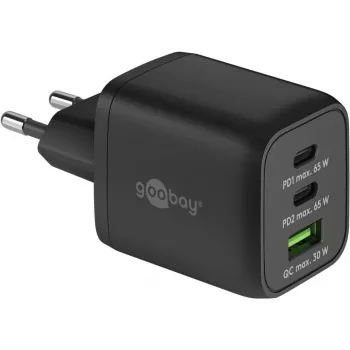 USB-C greitasis įkroviklis Nano, PD, GaN, 65 W, USB-C pintas laidas (juodas, 1x USB-A, 2x USB-C PD, Quick Charge 3.0, 1 m laidas)