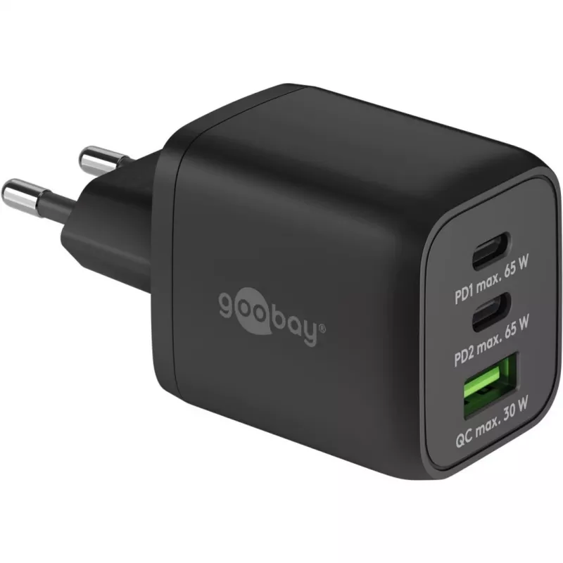 USB-C greitasis įkroviklis Nano, PD, GaN, 65 W, USB-C pintas laidas (juodas, 1x USB-A, 2x USB-C PD, Quick Charge 3.0, 1 m laidas)