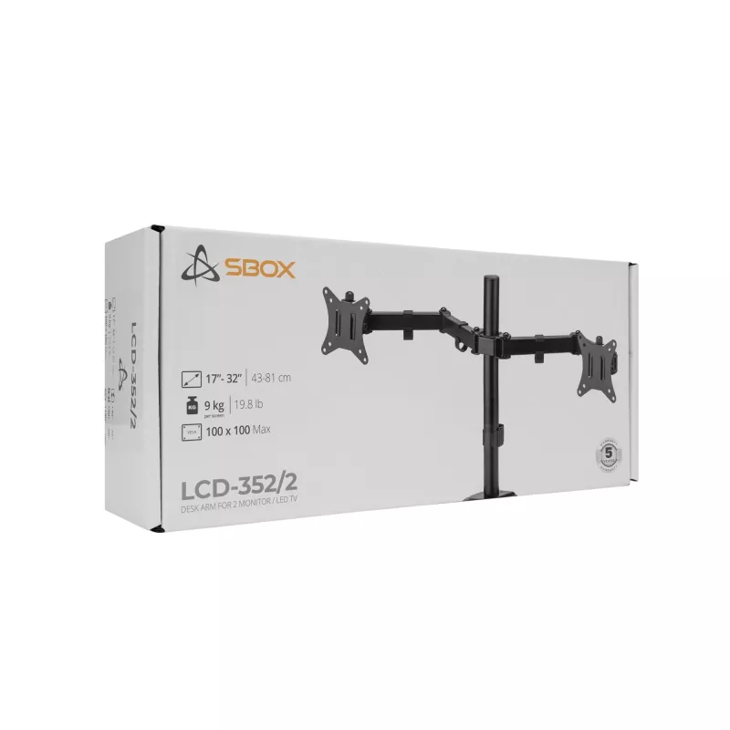 Sieninis laikiklis dviems monitoriams SBOX LCD-352/2-2, 13–32 colių, dvi rankos, 2×8 kg, VESA 100×100