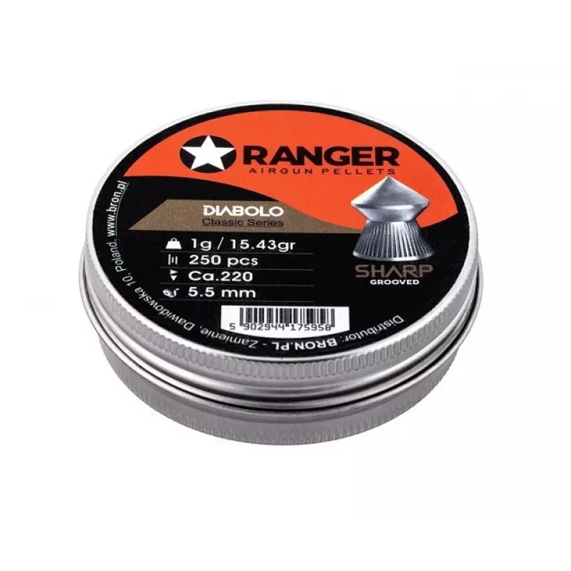 Šratiniai šoviniai RANGER PRORO 5.5 mm, diabolo formos, sidabriniai, 250 vnt., aliumininis dozatorius